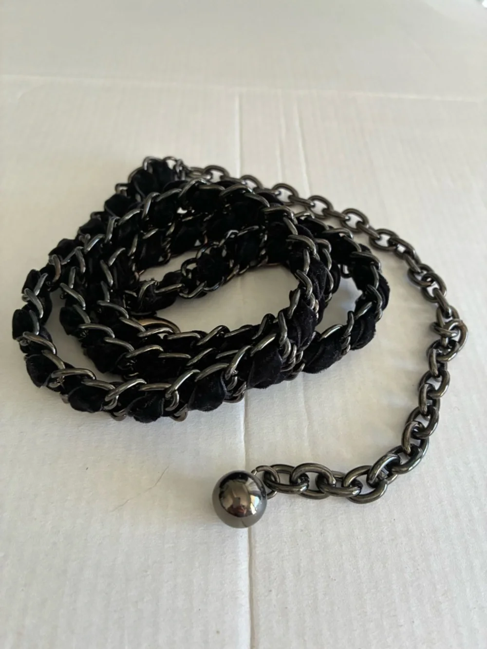 Gunmetal & black velvet Rope Chain‎ Belt Y2K Lariat Adjustable Statement vintage